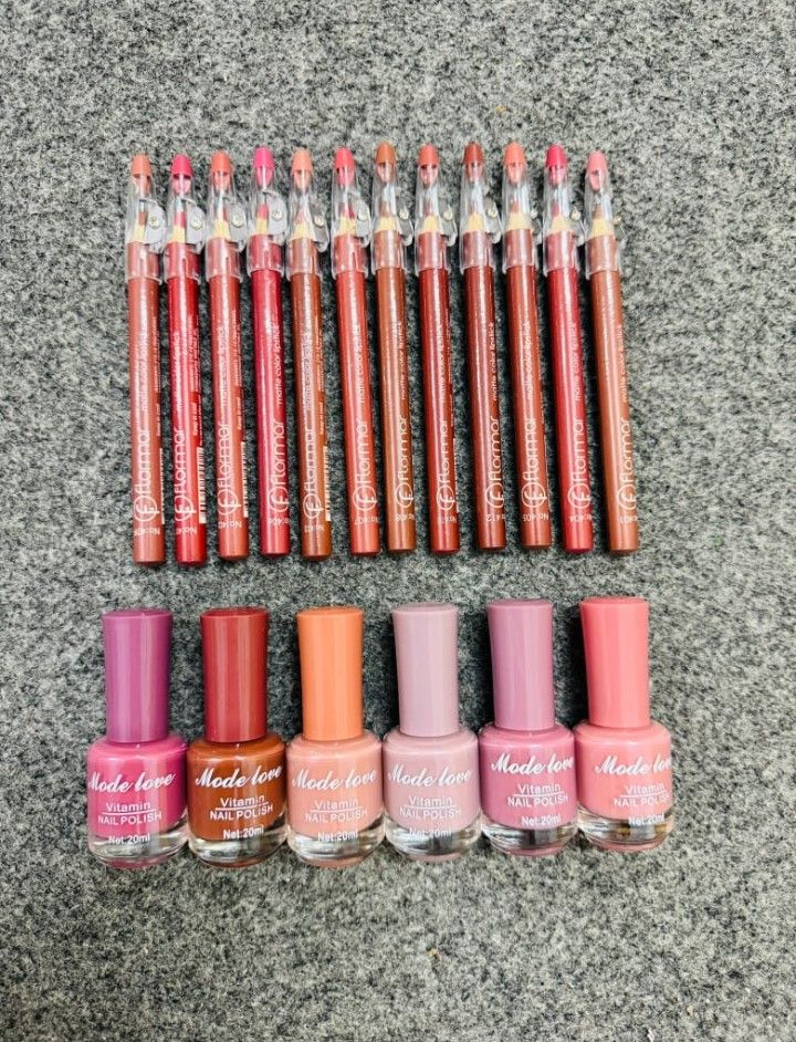 Nails Polish And Lip Pencils Combo Deal - Beauty Accessory Designed For Makeup Application And Daily Skincare Routine (12 Lip Pencils + 6 Nail Polishes)